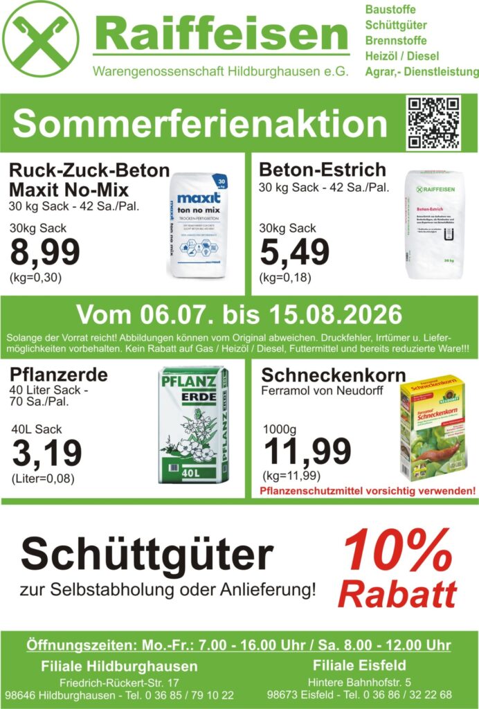 Raiffeisen advertising flyer in green and white announcing 'Sommerferienaktion' with product prices and QR code on a two-column layout.